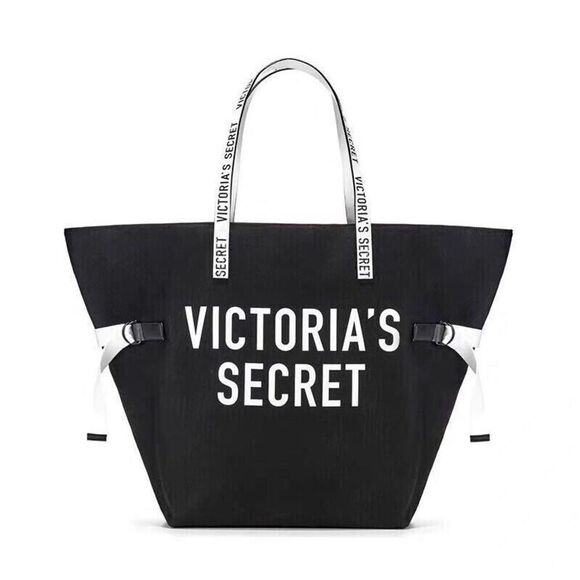 Victoria’s Secret Large Tote Bag Black White Canvas Logo 2018 Collectible - Picture 1 of 17